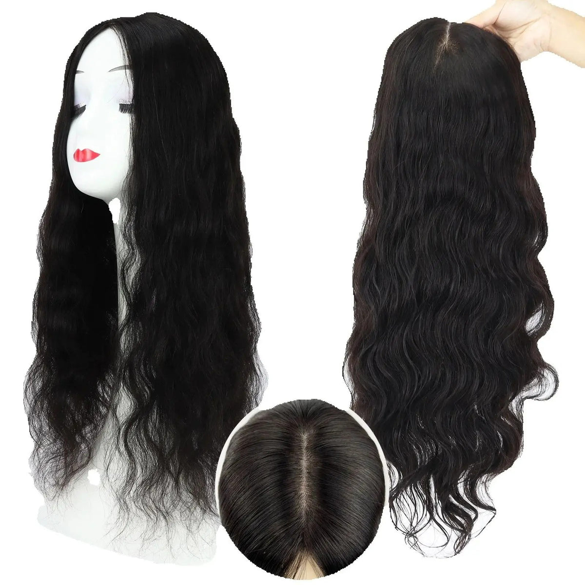 Topper cheveux naturels longs ondulés long ondulé sur mannequin | Dream Shop