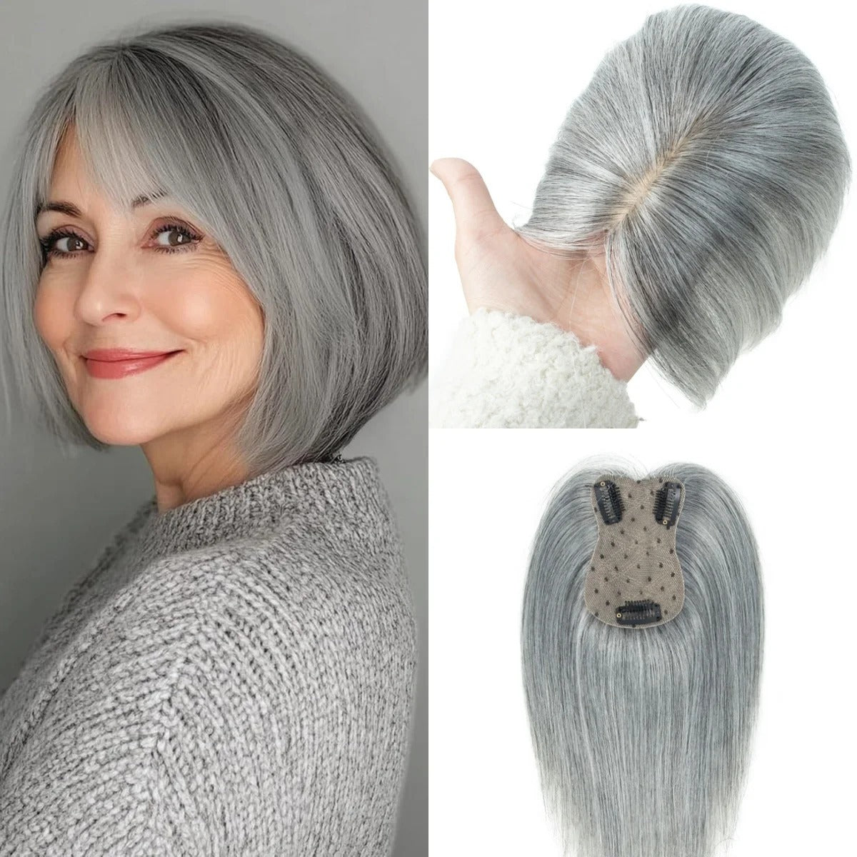 Human hair topper for grey hair pearl grey worn | Dream Shop