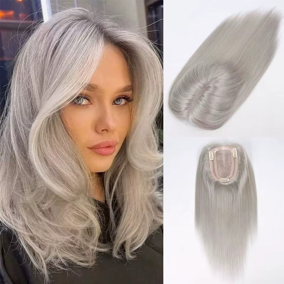 Human hair topper for grey hair silver grey worn | Dream Shop