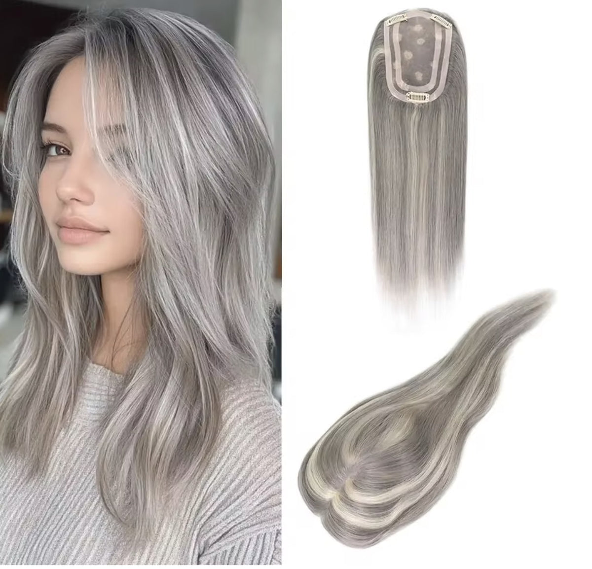 Human hair topper for grey hair grey with blonde highlights worn | Dream Shop