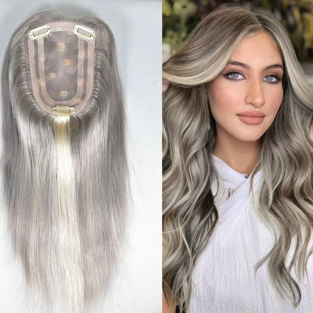 Human hair topper for grey hair mono base and blonde highlights | Dream Shop