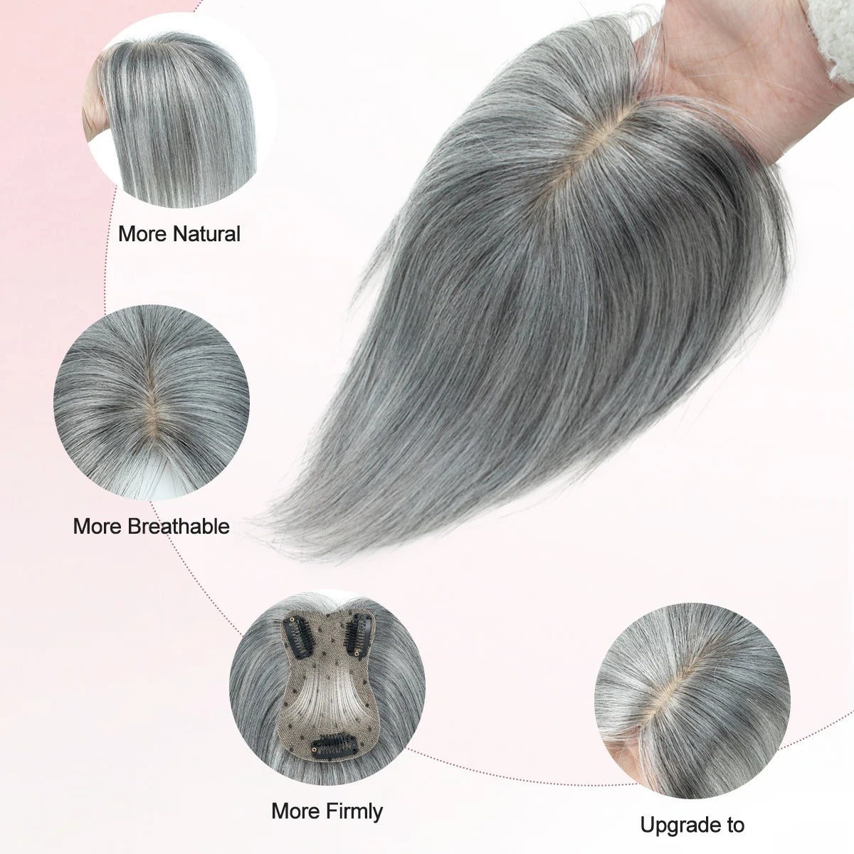 Human hair topper for grey hair grey detail with clips | Dream Shop
