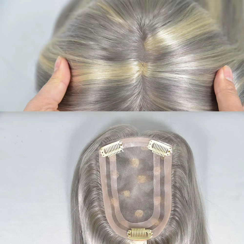 Human hair topper for grey hair natural parting and PU base | Dream Shop