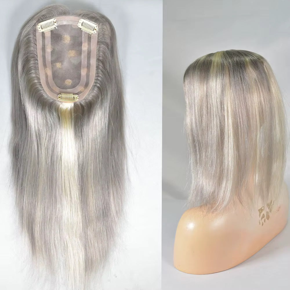 Human hair topper for grey hair base and length on mannequin | Dream Shop