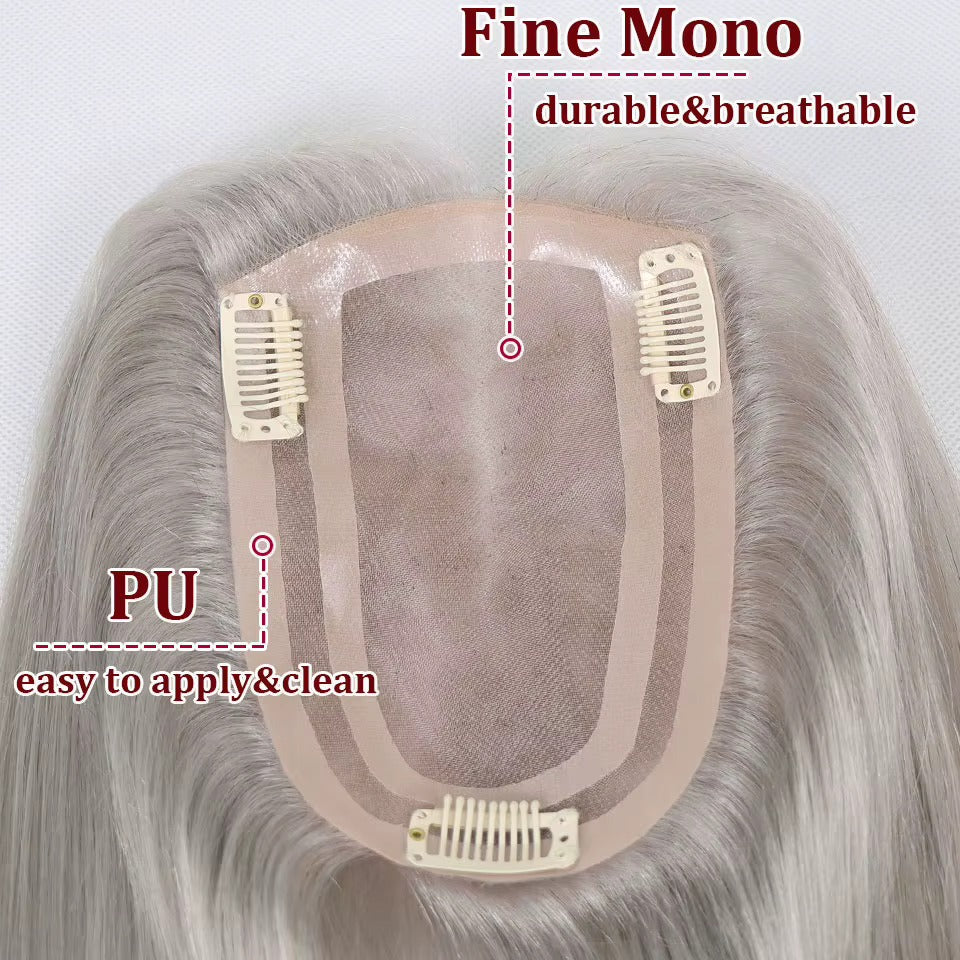 Human hair topper for grey hair mono base with PU inserts | Dream Shop