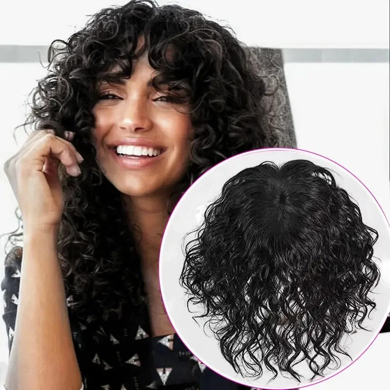 Curly human hair topper worn by model curly with bangs | Dream Shop