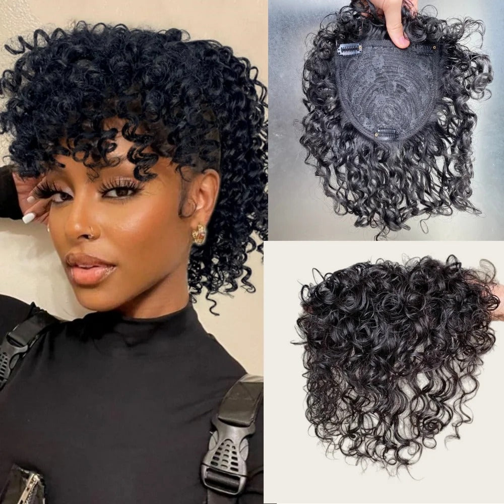 Curly human hair topper worn curly with bangs | Dream Shop