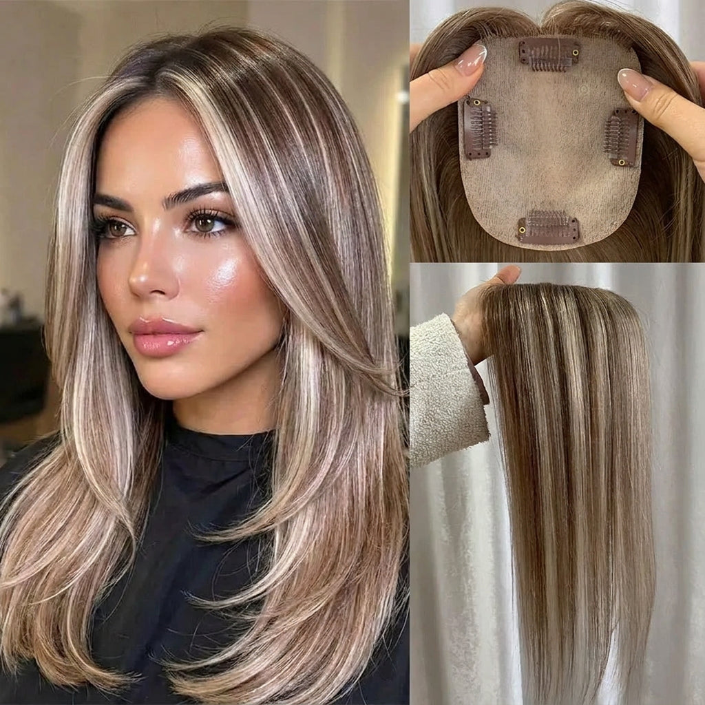 Highlighted human hair topper worn by model highlights | Dream Shop