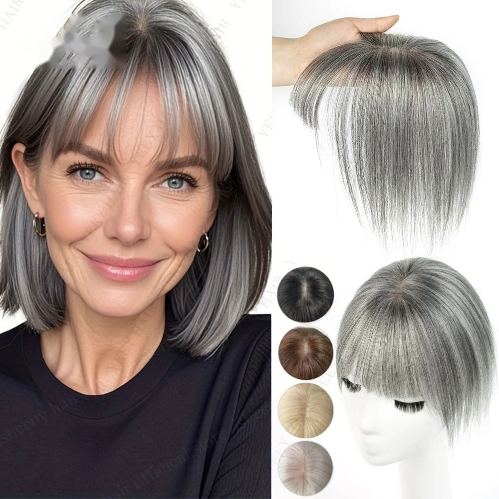Human hair topper with bangs grey worn by model | Dream Shop