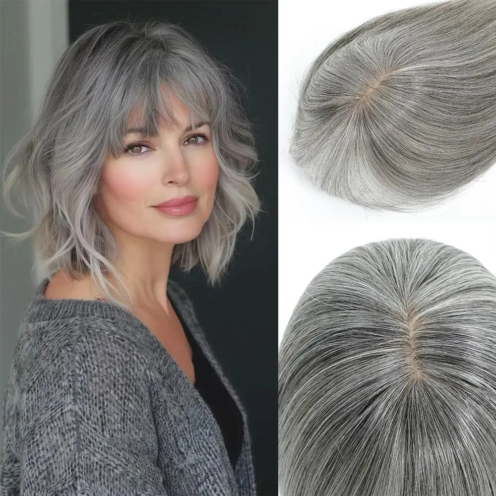 Topper avec frange cheveux naturels gris porté frange | Dream Shop